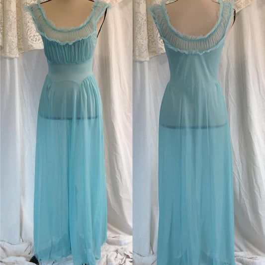 Vintage 1950's Nightgown | Teal Blue Nylon with Chiffon Ruffles | Carter's | Size S - Daggers & Dames