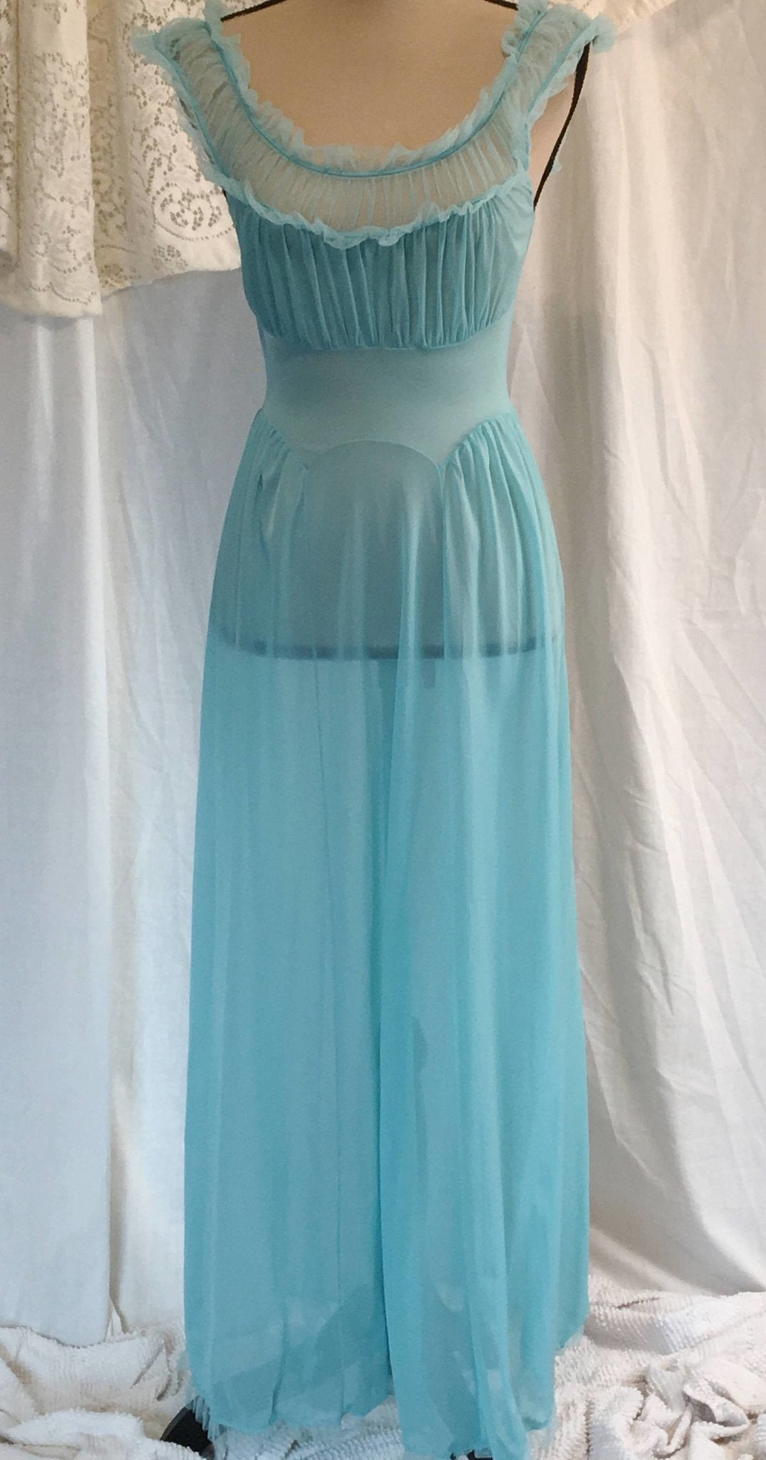 Vintage 1950's Nightgown | Teal Blue Nylon with Chiffon Ruffles | Carter's | Size S - Daggers & Dames