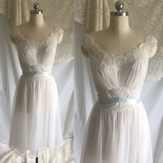Vintage 1950's Nightgown | White Nylon Chiffon with Lace & Baby Blue Satin Ribbon | Vanity Fair | Size S - Daggers & Dames