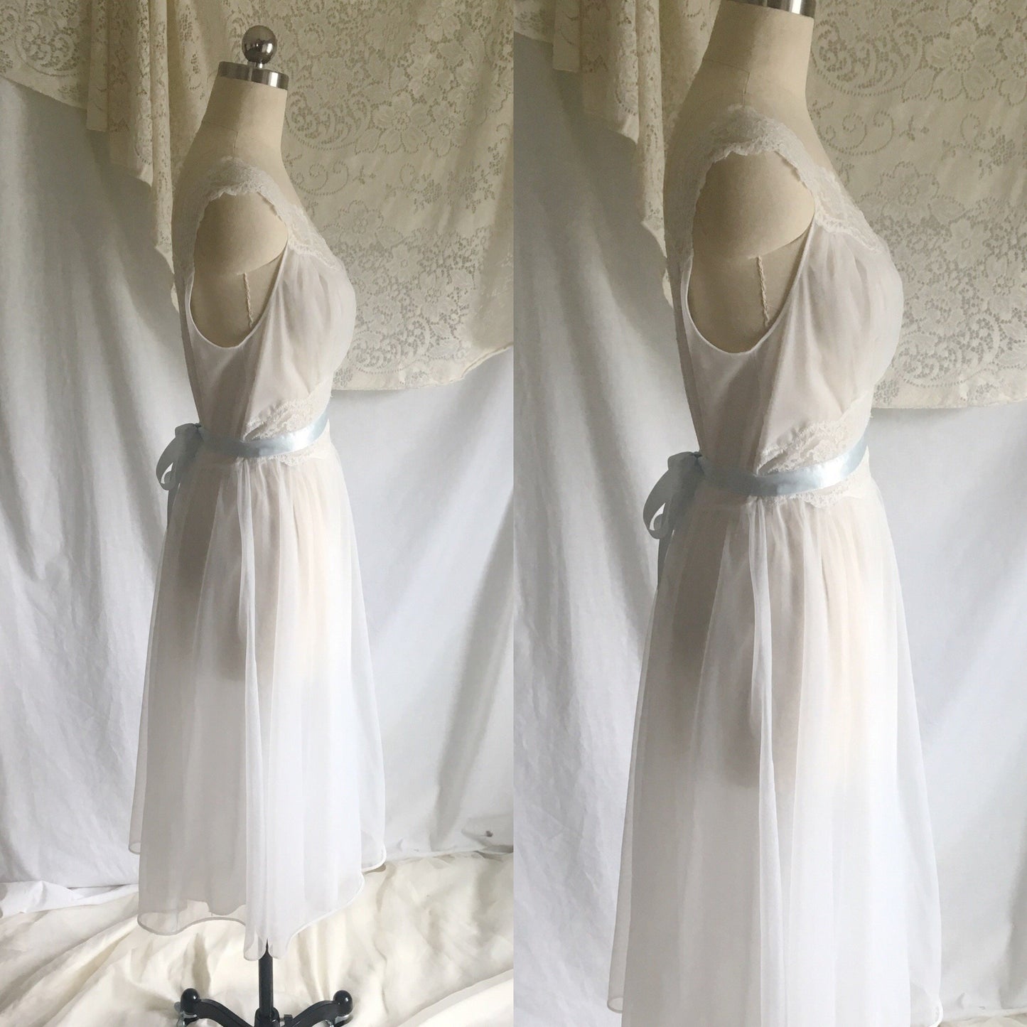 Vintage 1950's Nightgown | White Nylon Chiffon with Lace & Baby Blue Satin Ribbon | Vanity Fair | Size S - Daggers & Dames