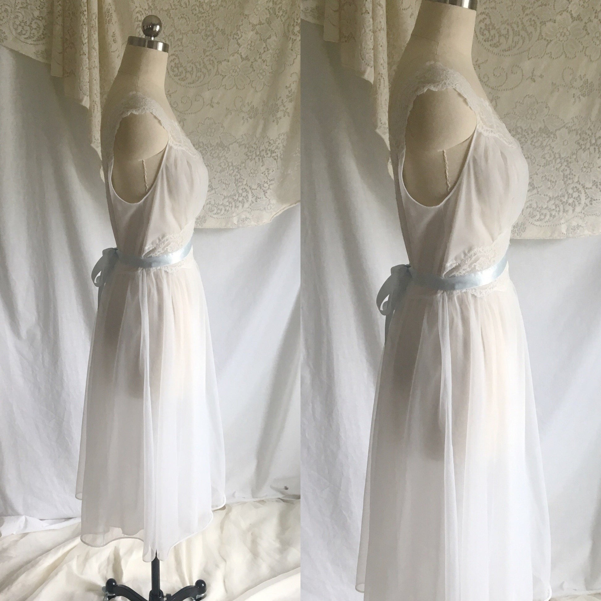 Vintage 1950's Nightgown | White Nylon Chiffon with Lace & Baby Blue Satin Ribbon | Vanity Fair | Size S - Daggers & Dames