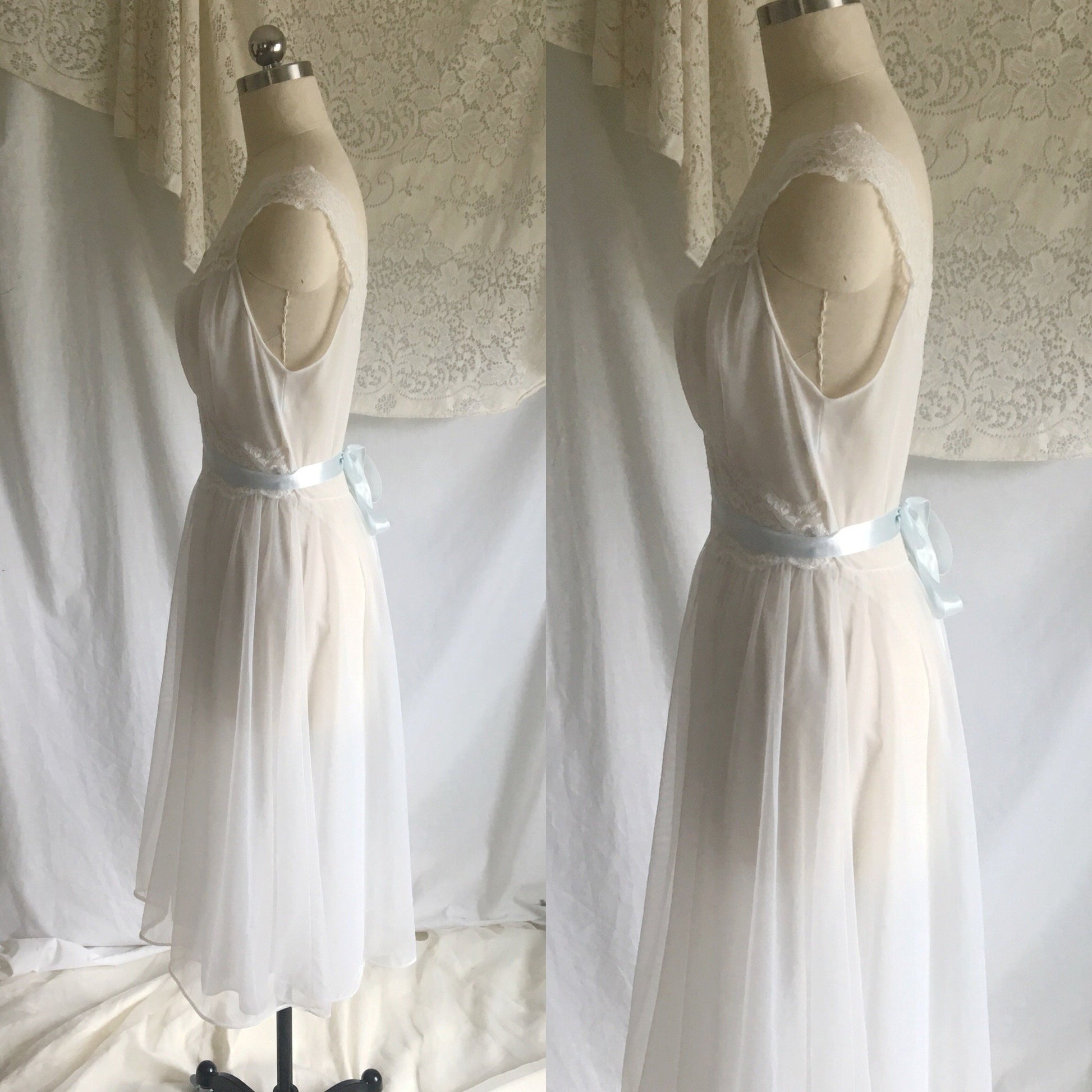 Vintage 1950's Nightgown | White Nylon Chiffon with Lace & Baby Blue Satin Ribbon | Vanity Fair | Size S - Daggers & Dames