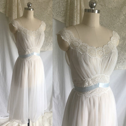 Vintage 1950's Nightgown | White Nylon Chiffon with Lace & Baby Blue Satin Ribbon | Vanity Fair | Size S - Daggers & Dames