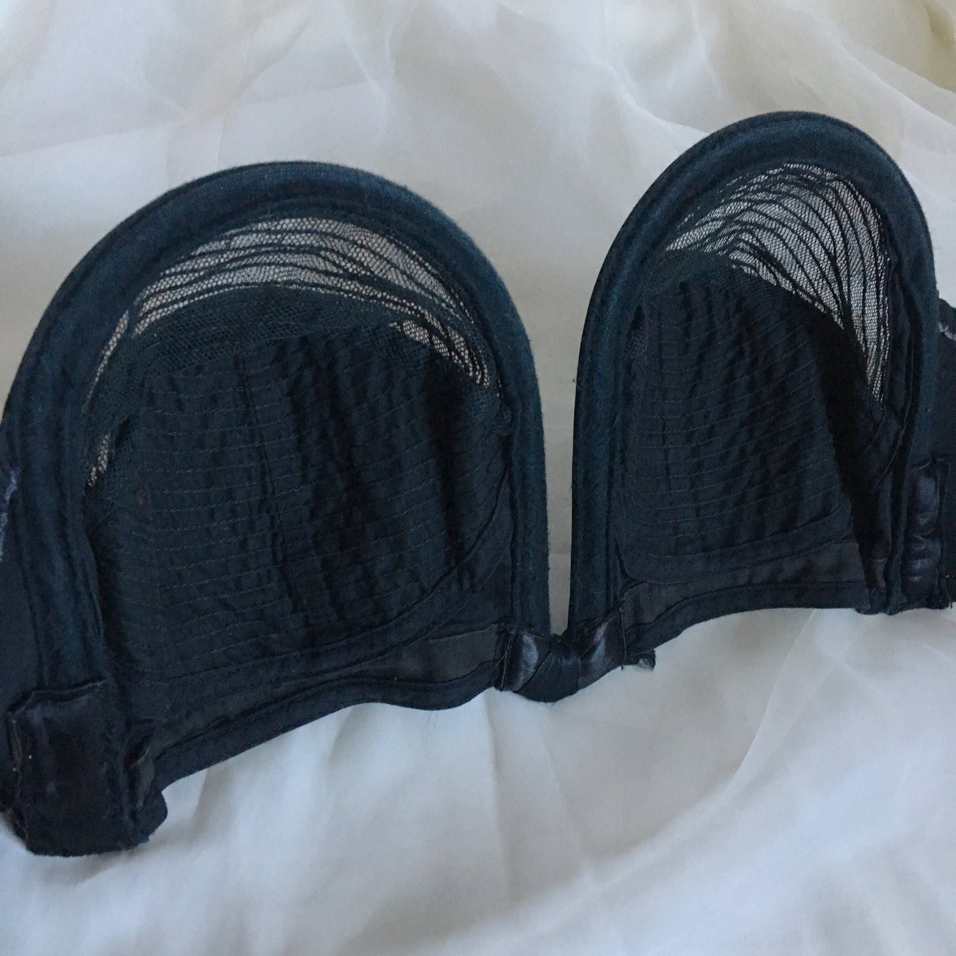 Vintage 1950's Overwire Bra | Black Circle Stitch Satin & Mesh with Ribbon Bow | Lovable | Size 36 C, 38 B - Daggers & Dames