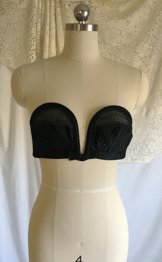 Vintage 1950's Overwire Bra | Black Circle Stitch Satin & Mesh with Ribbon Bow | Lovable | Size 36 C, 38 B - Daggers & Dames
