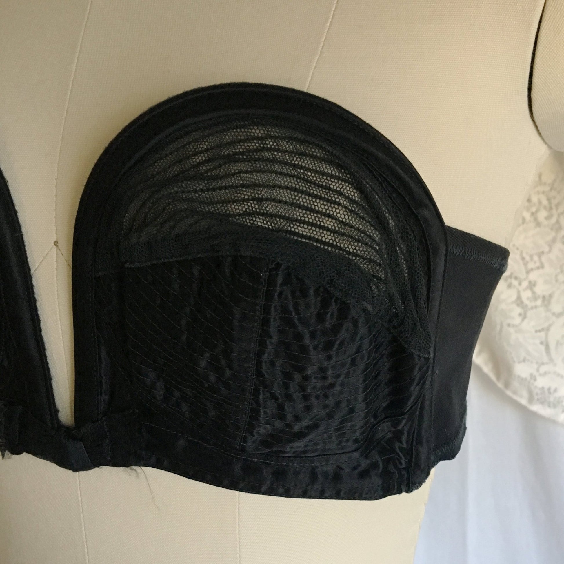 Vintage 1950's Overwire Bra | Black Circle Stitch Satin & Mesh with Ribbon Bow | Lovable | Size 36 C, 38 B - Daggers & Dames