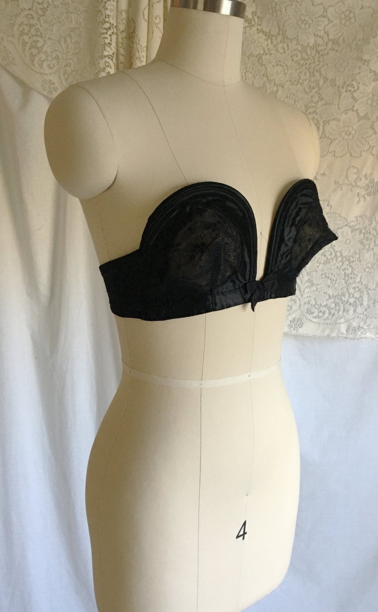 Vintage 1950's Overwire Bra | Black Satin with Chantilly Lace & Ribbon Bow | Wispies | Size 34 B, 32 C - Daggers & Dames