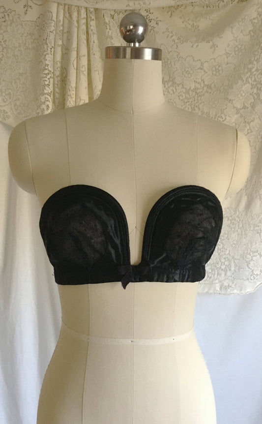 Vintage 1950's Overwire Bra | Black Satin with Chantilly Lace & Ribbon Bow | Wispies | Size 34 B, 32 C - Daggers & Dames