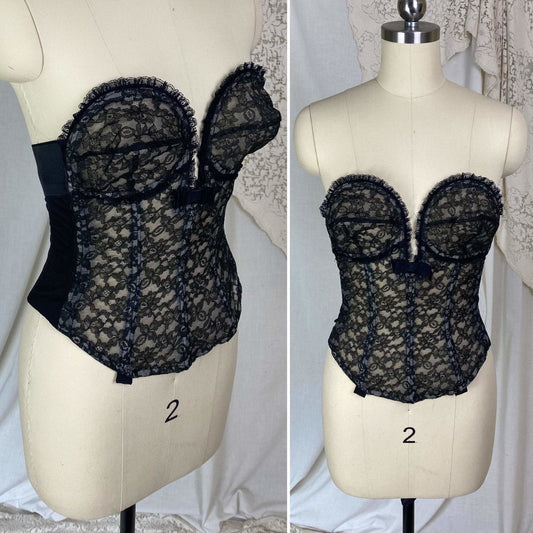 Vintage 1950's Overwire Bustier | Sheer Black Floral Lace Illusion over Pale Nude | Size 34 B, C | Flexee's - Daggers & Dames