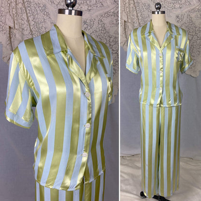 Vintage 1950's Pajama Set | Dusty Blue & Celadon Green Rayon Satin Striped Damask | Size M/LG | Fruit of the Loom -Never Worn - Daggers & Dames
