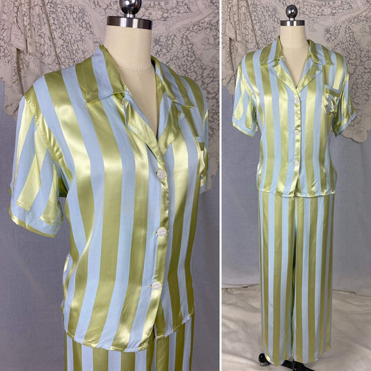 Vintage 1950's Pajama Set | Dusty Blue & Celadon Green Rayon Satin Striped Damask | Size M/LG | Fruit of the Loom -Never Worn - Daggers & Dames