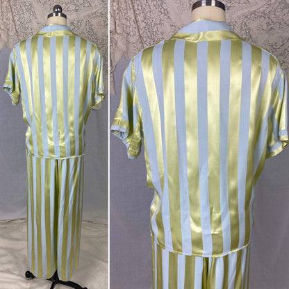 Vintage 1950's Pajama Set | Dusty Blue & Celadon Green Rayon Satin Striped Damask | Size M/LG | Fruit of the Loom -Never Worn - Daggers & Dames