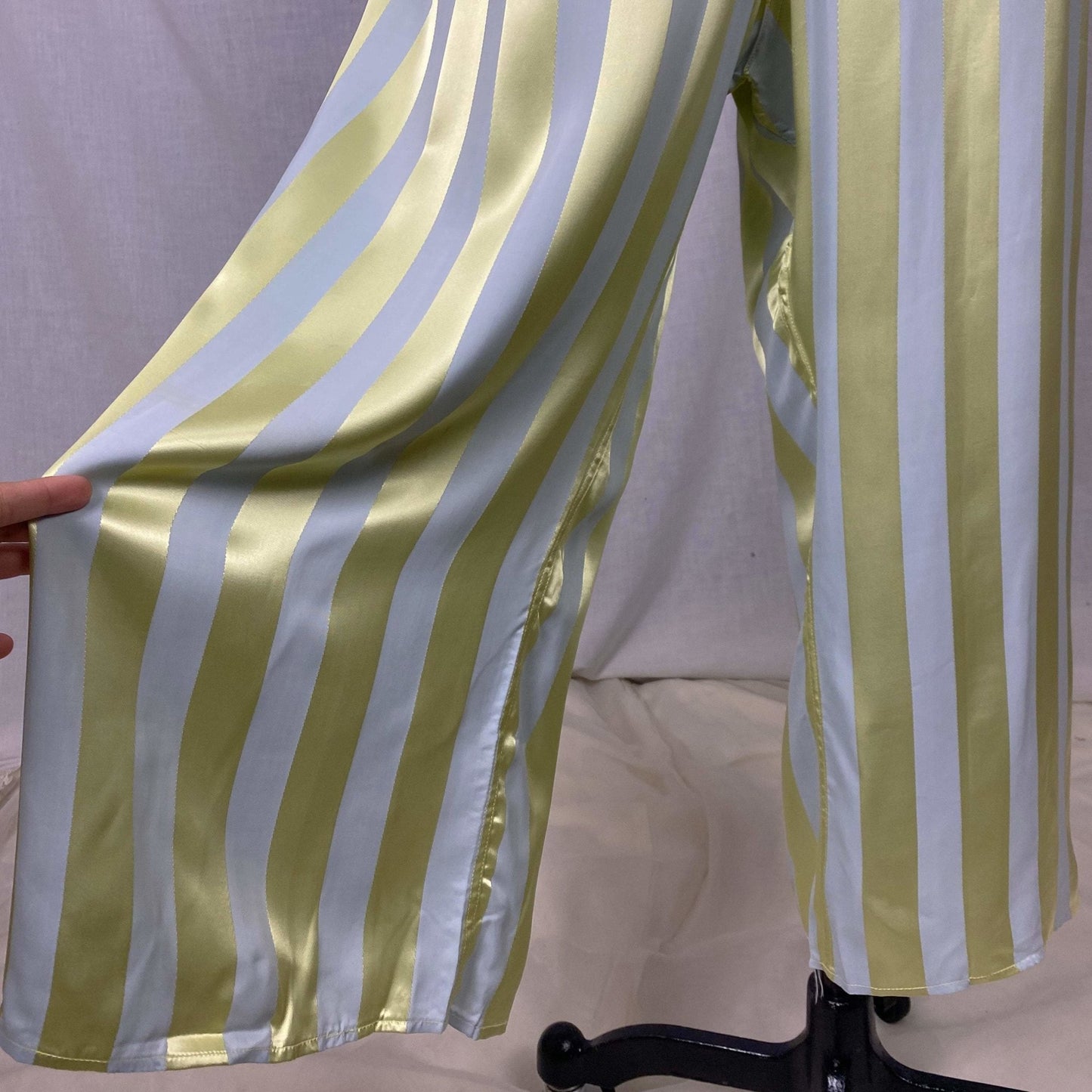 Vintage 1950's Pajama Set | Dusty Blue & Celadon Green Rayon Satin Striped Damask | Size M/LG | Fruit of the Loom -Never Worn - Daggers & Dames