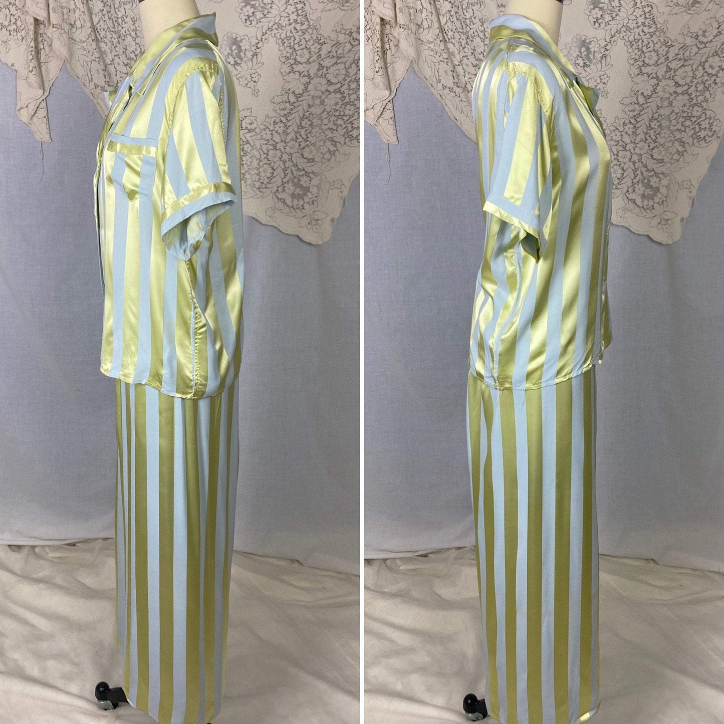 Vintage 1950's Pajama Set | Dusty Blue & Celadon Green Rayon Satin Striped Damask | Size M/LG | Fruit of the Loom -Never Worn - Daggers & Dames