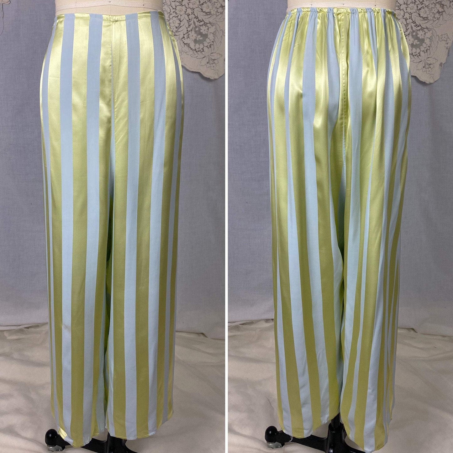 Vintage 1950's Pajama Set | Dusty Blue & Celadon Green Rayon Satin Striped Damask | Size M/LG | Fruit of the Loom -Never Worn - Daggers & Dames