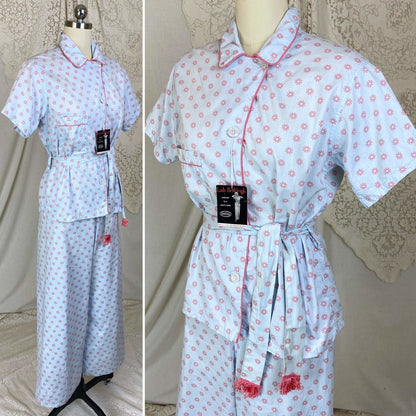 Vintage 1950's Pajama Set | Light Baby Blue Cotton with Pink Geo Design | Size XS, S | Lady Berkleigh -New with Tags - Daggers & Dames