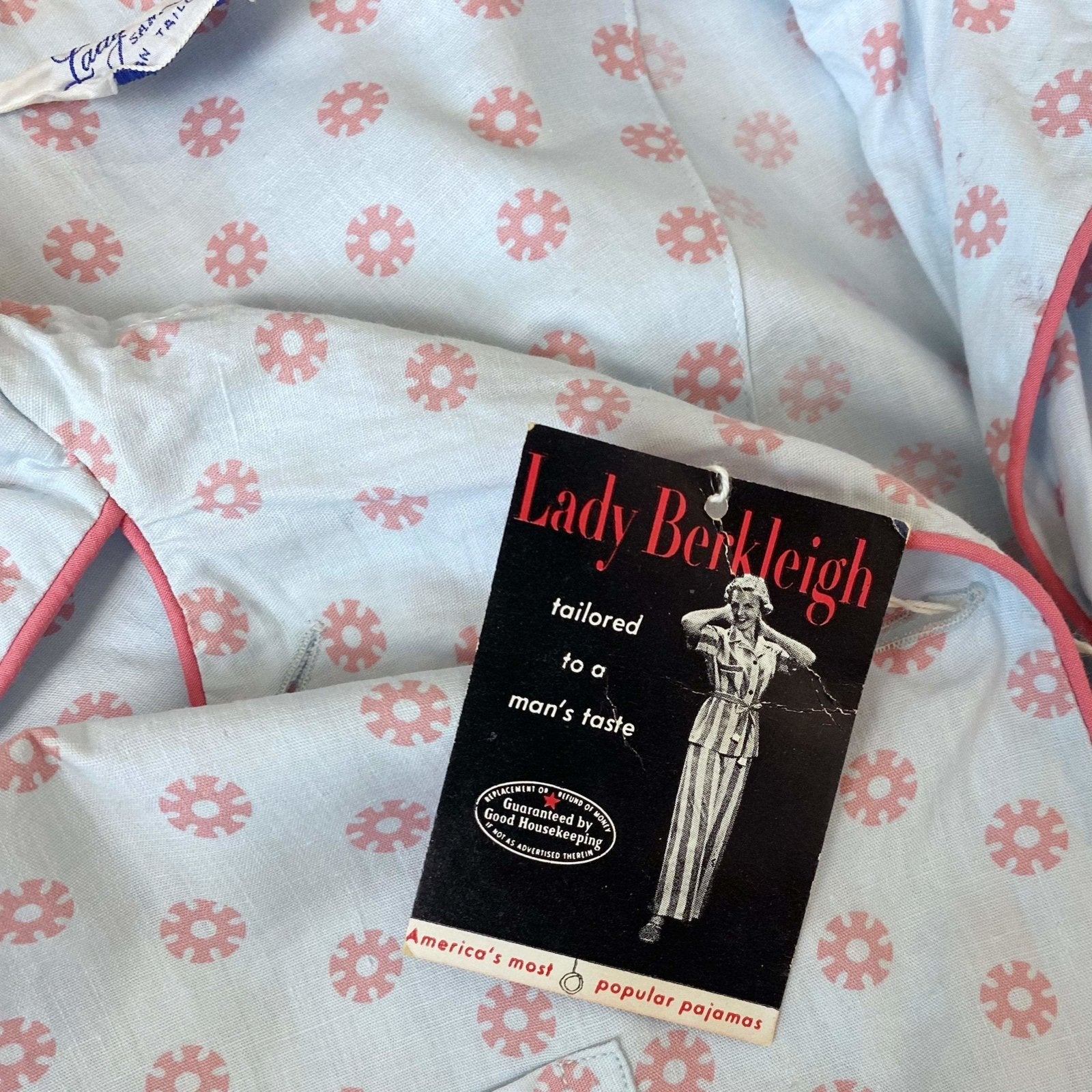 Vintage 1950's Pajama Set | Light Baby Blue Cotton with Pink Geo Design | Size XS, S | Lady Berkleigh -New with Tags - Daggers & Dames