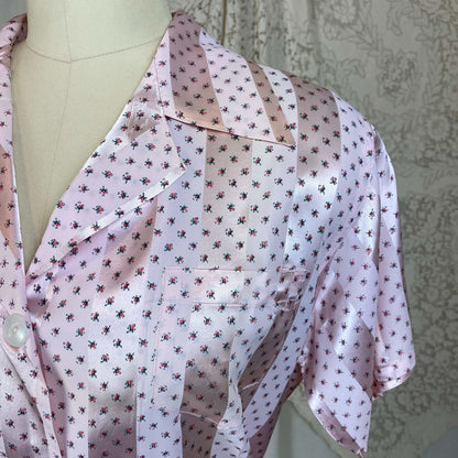 Vintage 1950's Pajama Set | Light Petal Pink Rayon Satin with Damask Stripes & Rosebud Floral Print | Size M | Elaine Skylar -Never Worn - Daggers & Dames