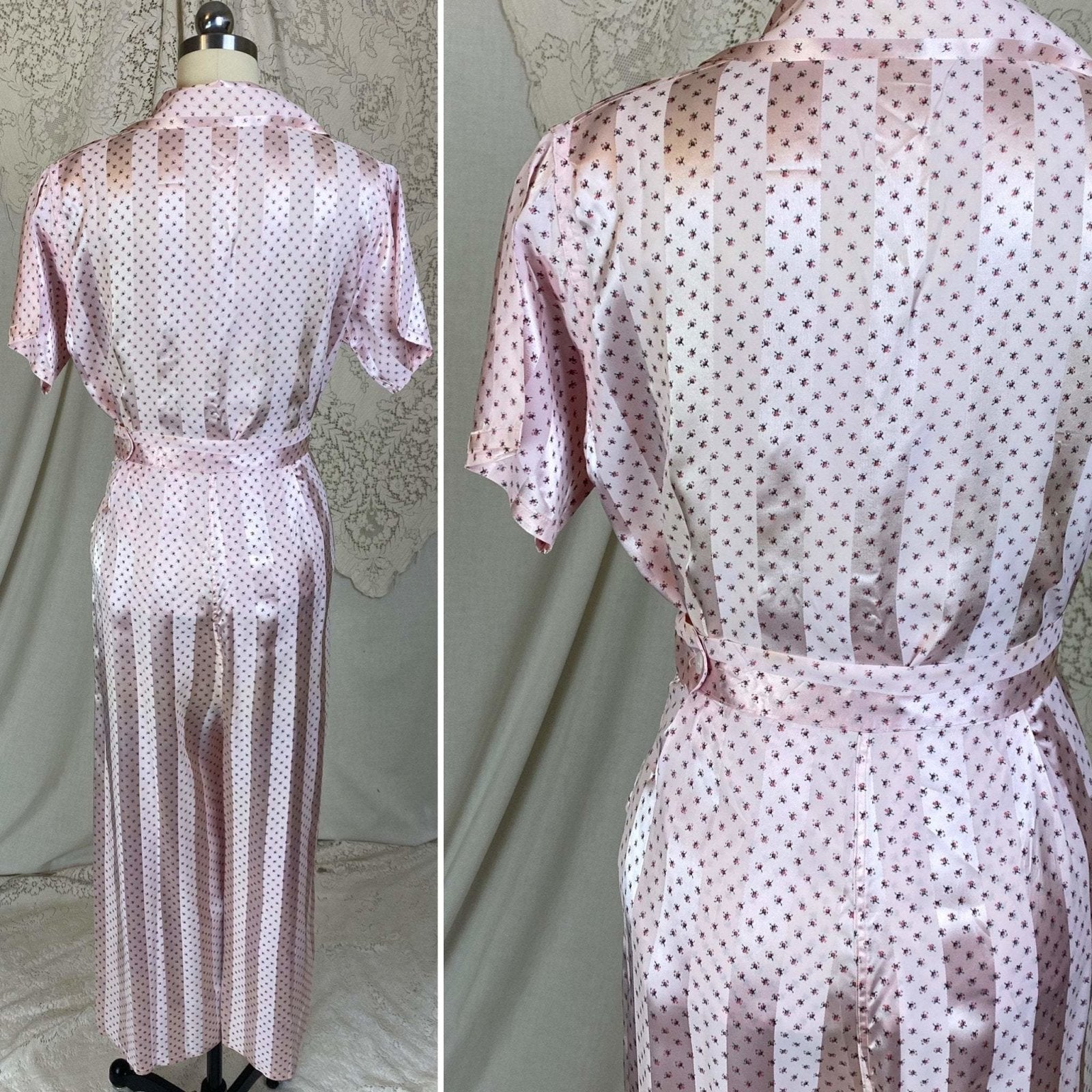 Vintage 1950's Pajama Set | Light Petal Pink Rayon Satin with Damask Stripes & Rosebud Floral Print | Size M | Elaine Skylar -Never Worn - Daggers & Dames