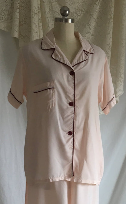 Vintage 1950's Pajama Set | Pale Pink Rayon with Burgundy Trim & Fringe Tie Waist | Ladies Pajamas | Lady Berkleigh | Size SM - M - Daggers & Dames