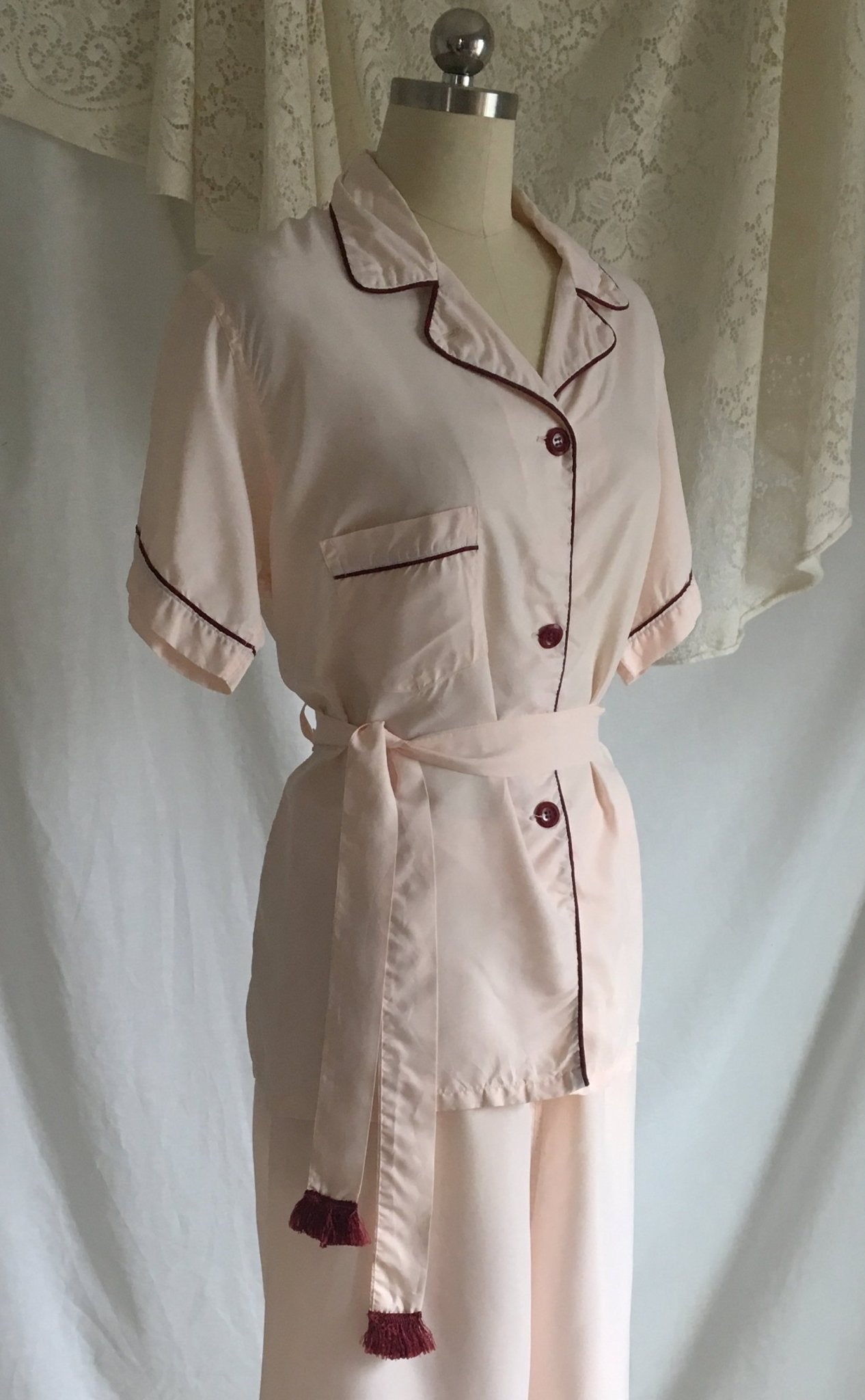 Vintage 1950's Pajama Set | Pale Pink Rayon with Burgundy Trim & Fringe Tie Waist | Ladies Pajamas | Lady Berkleigh | Size SM - M - Daggers & Dames