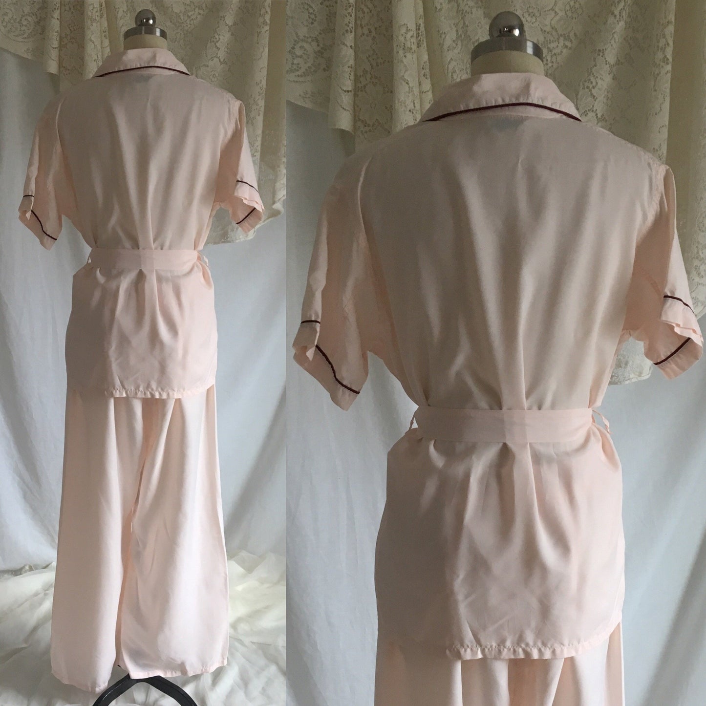 Vintage 1950's Pajama Set | Pale Pink Rayon with Burgundy Trim & Fringe Tie Waist | Ladies Pajamas | Lady Berkleigh | Size SM - M - Daggers & Dames