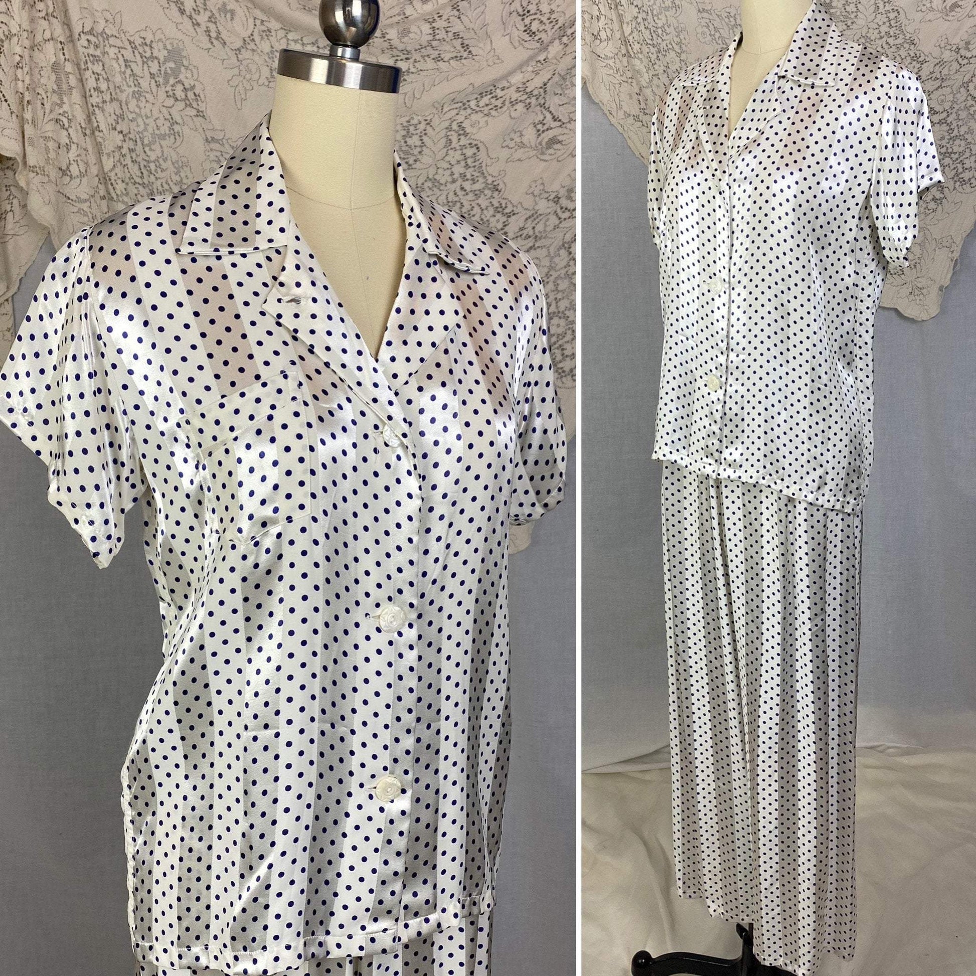 Vintage 1950's Pajama Set | Pearly White Rayon Satin Stripes with Navy Blue Polka Dots | Size XS | Faultless Lady, No Belt -New with Tags - Daggers & Dames