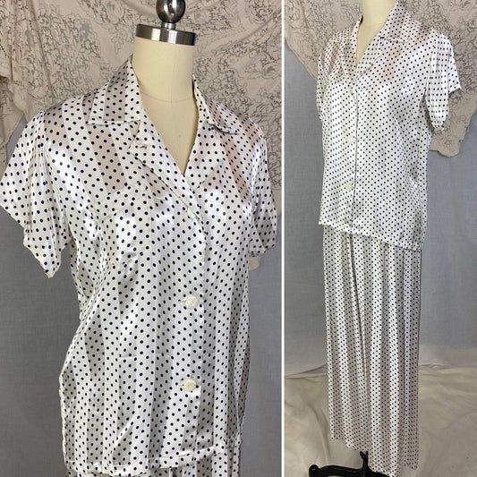 Vintage 1950's Pajama Set | Pearly White Rayon Satin Stripes with Navy Blue Polka Dots | Size XS | Faultless Lady, No Belt -New with Tags - Daggers & Dames