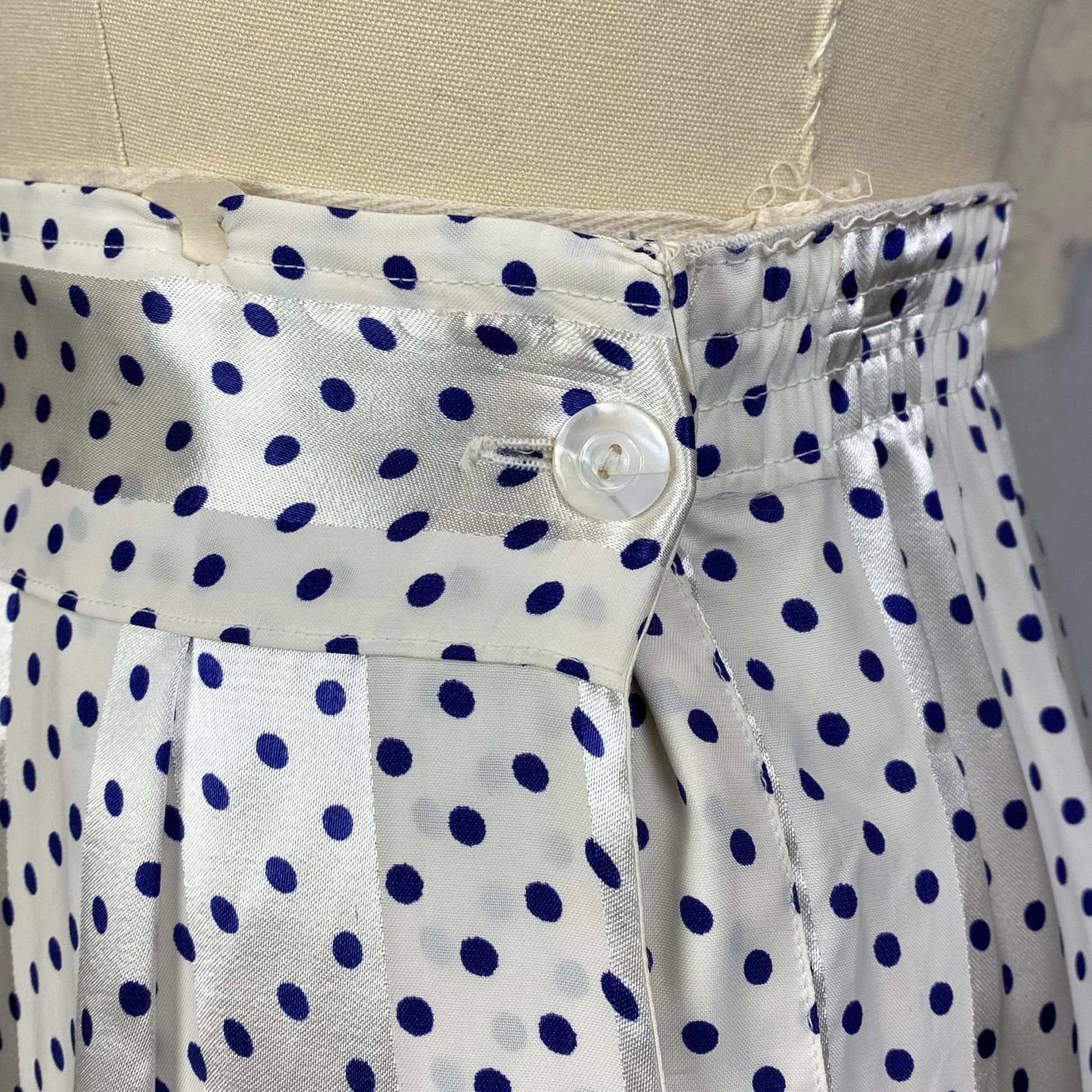 Vintage 1950's Pajama Set | Pearly White Rayon Satin Stripes with Navy Blue Polka Dots | Size XS | Faultless Lady, No Belt -New with Tags - Daggers & Dames