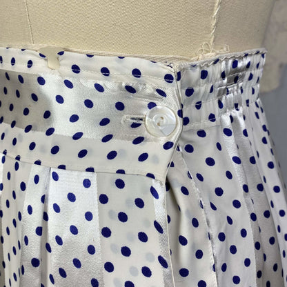 Vintage 1950's Pajama Set | Pearly White Rayon Satin Stripes with Navy Blue Polka Dots | Size XS | Faultless Lady, No Belt -New with Tags - Daggers & Dames