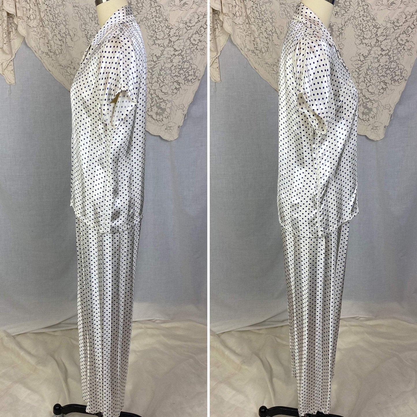 Vintage 1950's Pajama Set | Pearly White Rayon Satin Stripes with Navy Blue Polka Dots | Size XS | Faultless Lady, No Belt -New with Tags - Daggers & Dames