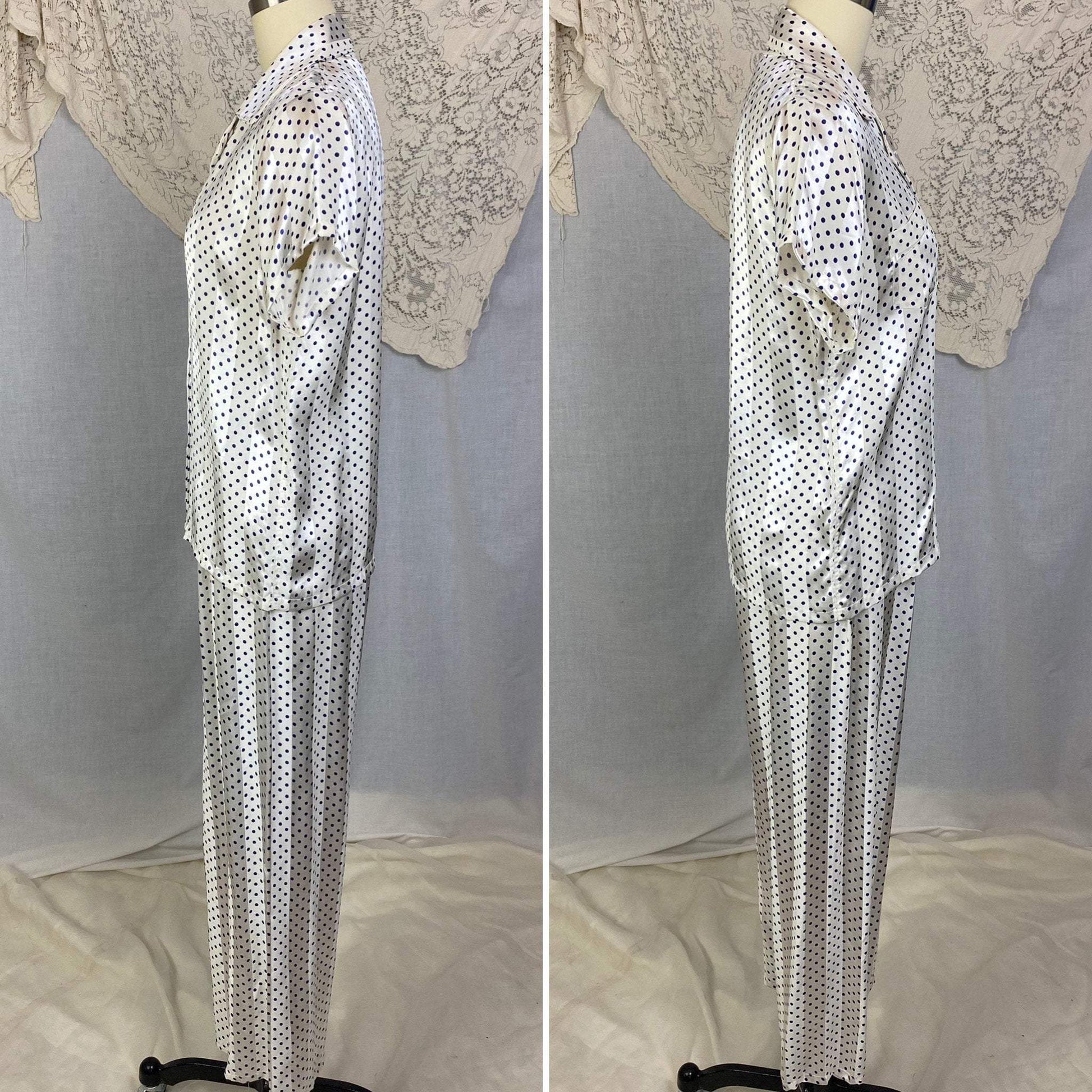 Vintage 1950's Pajama Set | Pearly White Rayon Satin Stripes with Navy Blue Polka Dots | Size XS | Faultless Lady, No Belt -New with Tags - Daggers & Dames