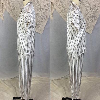 Vintage 1950's Pajama Set | Pearly White Rayon Satin Stripes with Navy Blue Polka Dots | Size XS | Faultless Lady, No Belt -New with Tags - Daggers & Dames