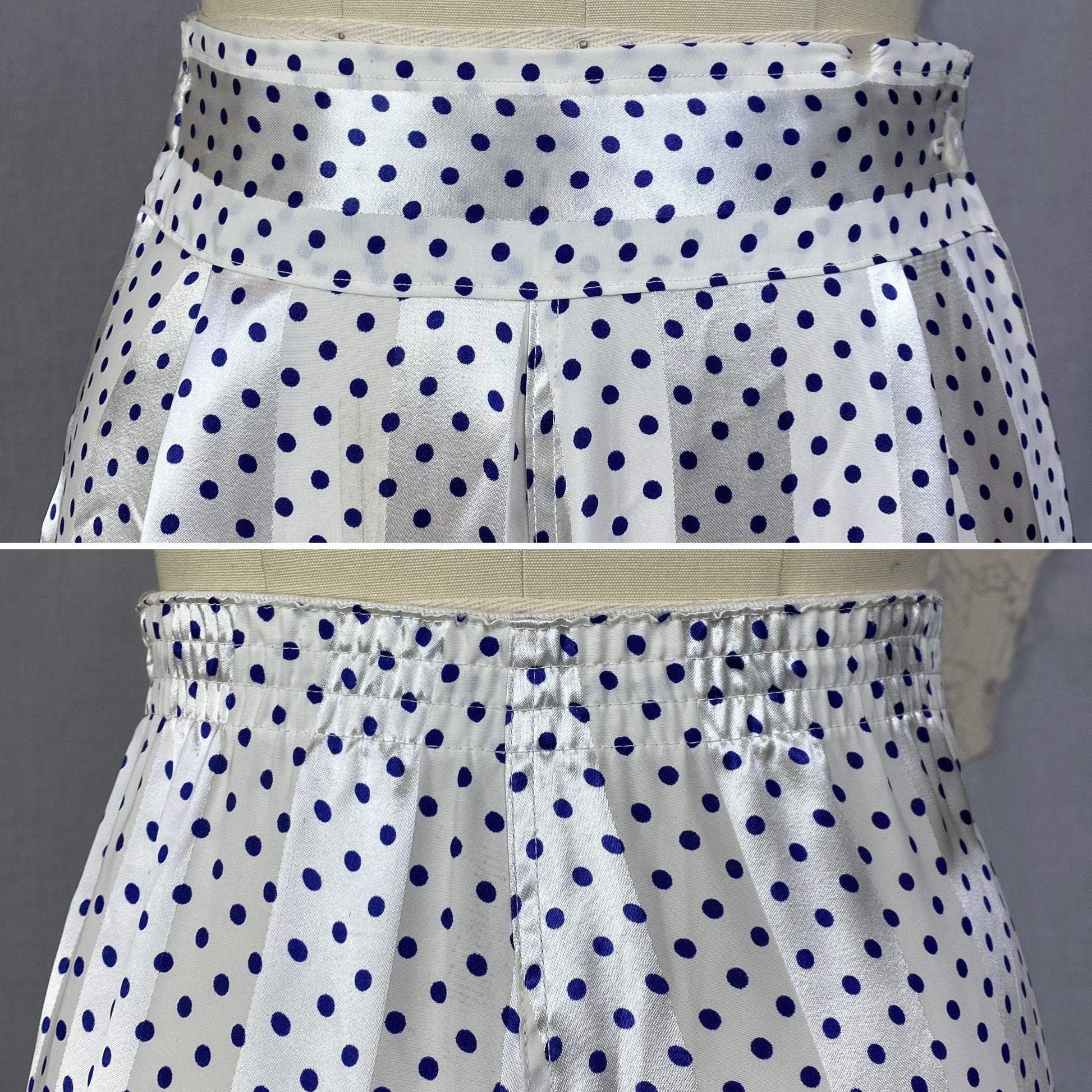 Vintage 1950's Pajama Set | Pearly White Rayon Satin Stripes with Navy Blue Polka Dots | Size XS | Faultless Lady, No Belt -New with Tags - Daggers & Dames