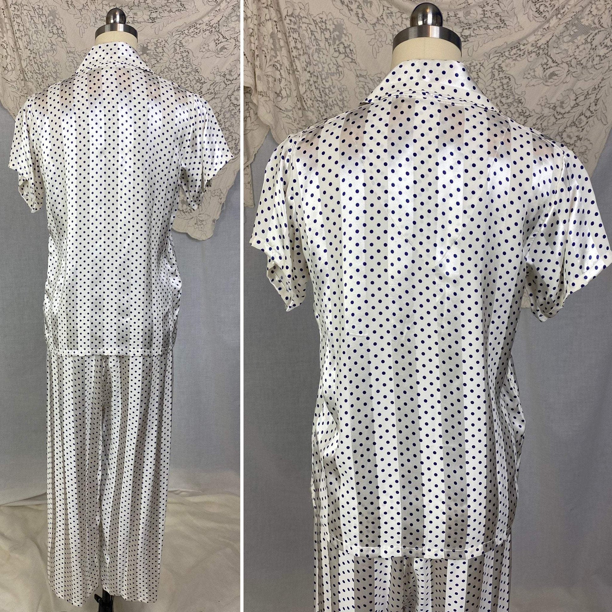 Vintage 1950's Pajama Set | Pearly White Rayon Satin Stripes with Navy Blue Polka Dots | Size XS | Faultless Lady, No Belt -New with Tags - Daggers & Dames
