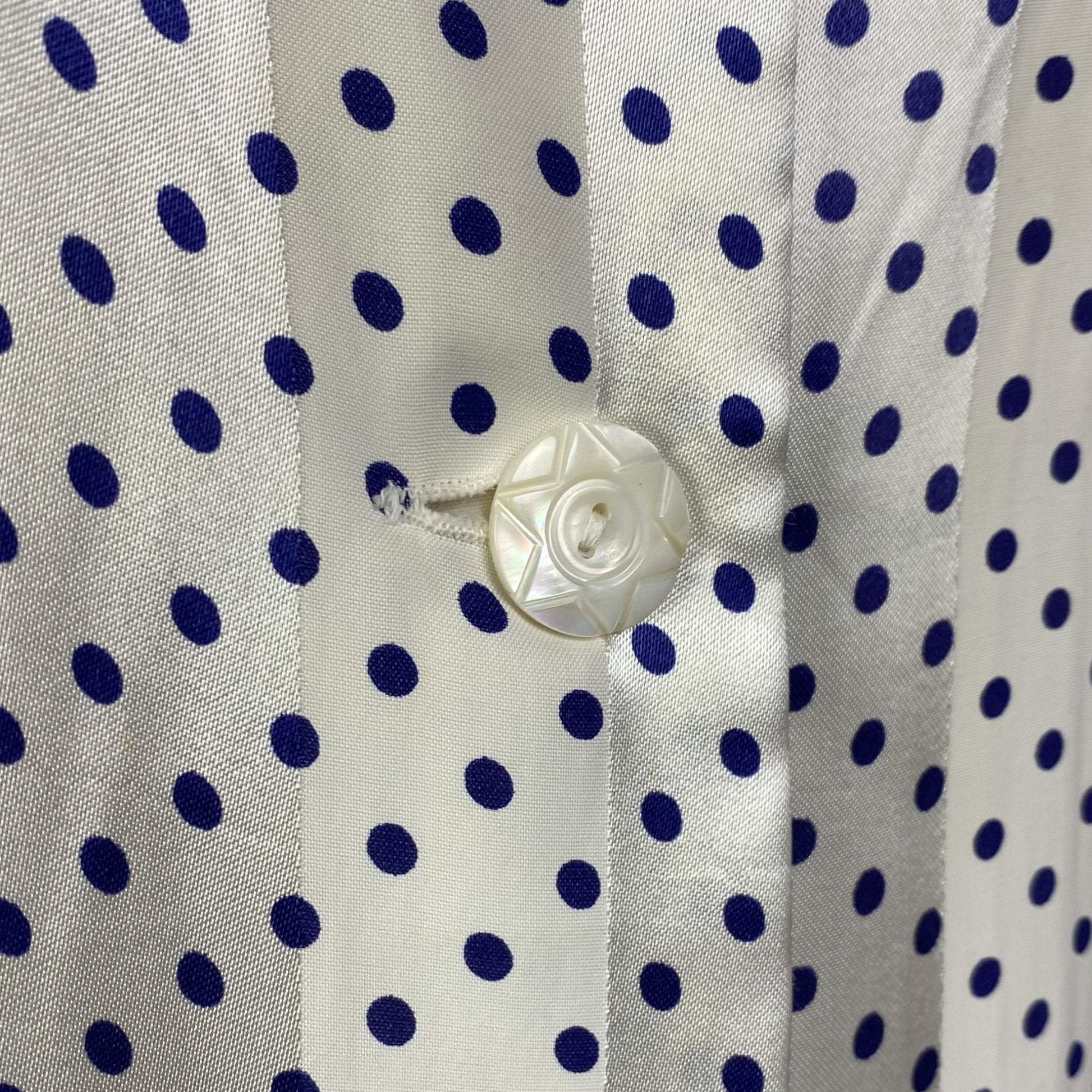 Vintage 1950's Pajama Set | Pearly White Rayon Satin Stripes with Navy Blue Polka Dots | Size XS | Faultless Lady, No Belt -New with Tags - Daggers & Dames