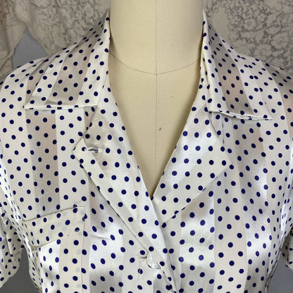 Vintage 1950's Pajama Set | Pearly White Rayon Satin Stripes with Navy Blue Polka Dots | Size XS | Faultless Lady, No Belt -New with Tags - Daggers & Dames