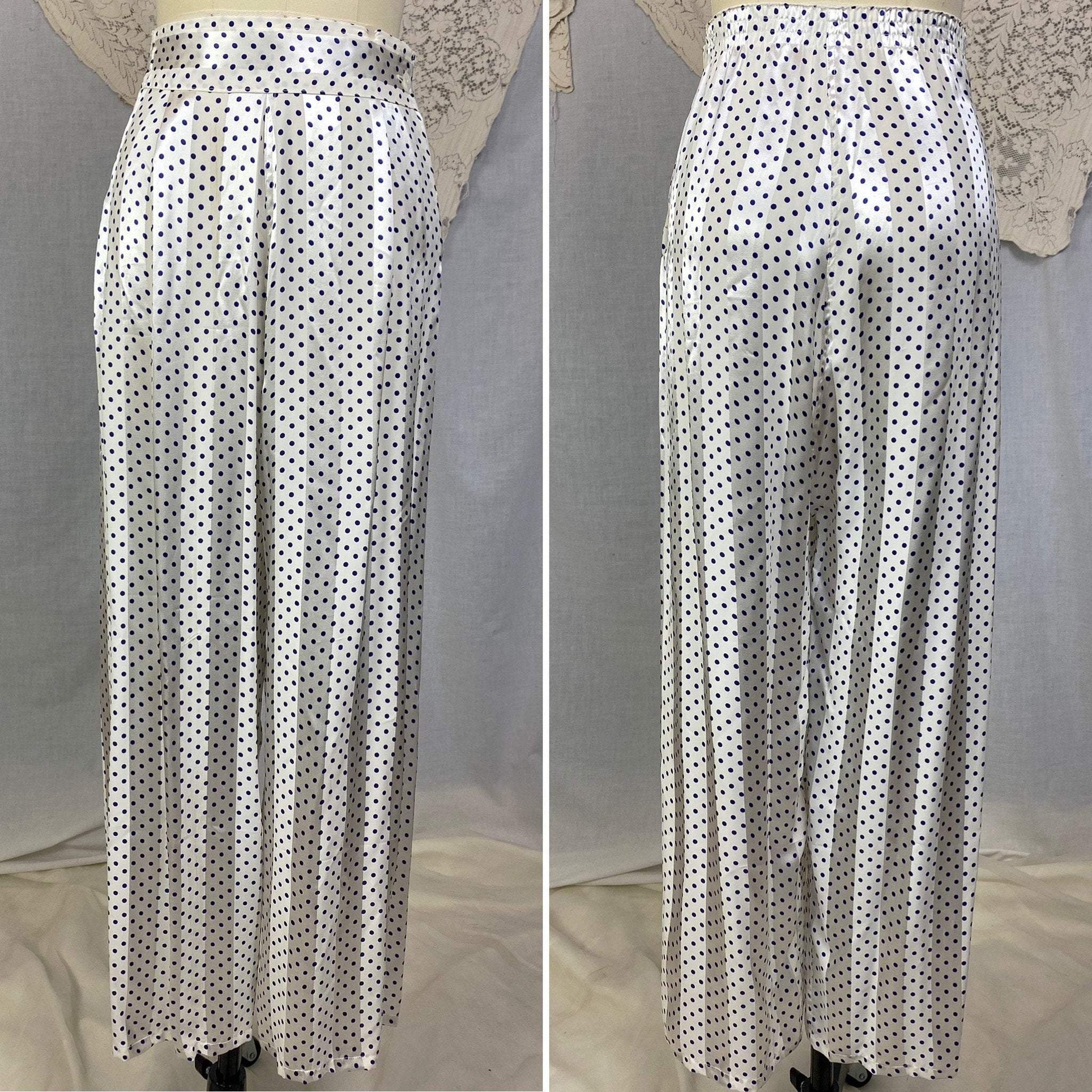 Vintage 1950's Pajama Set | Pearly White Rayon Satin Stripes with Navy Blue Polka Dots | Size XS | Faultless Lady, No Belt -New with Tags - Daggers & Dames