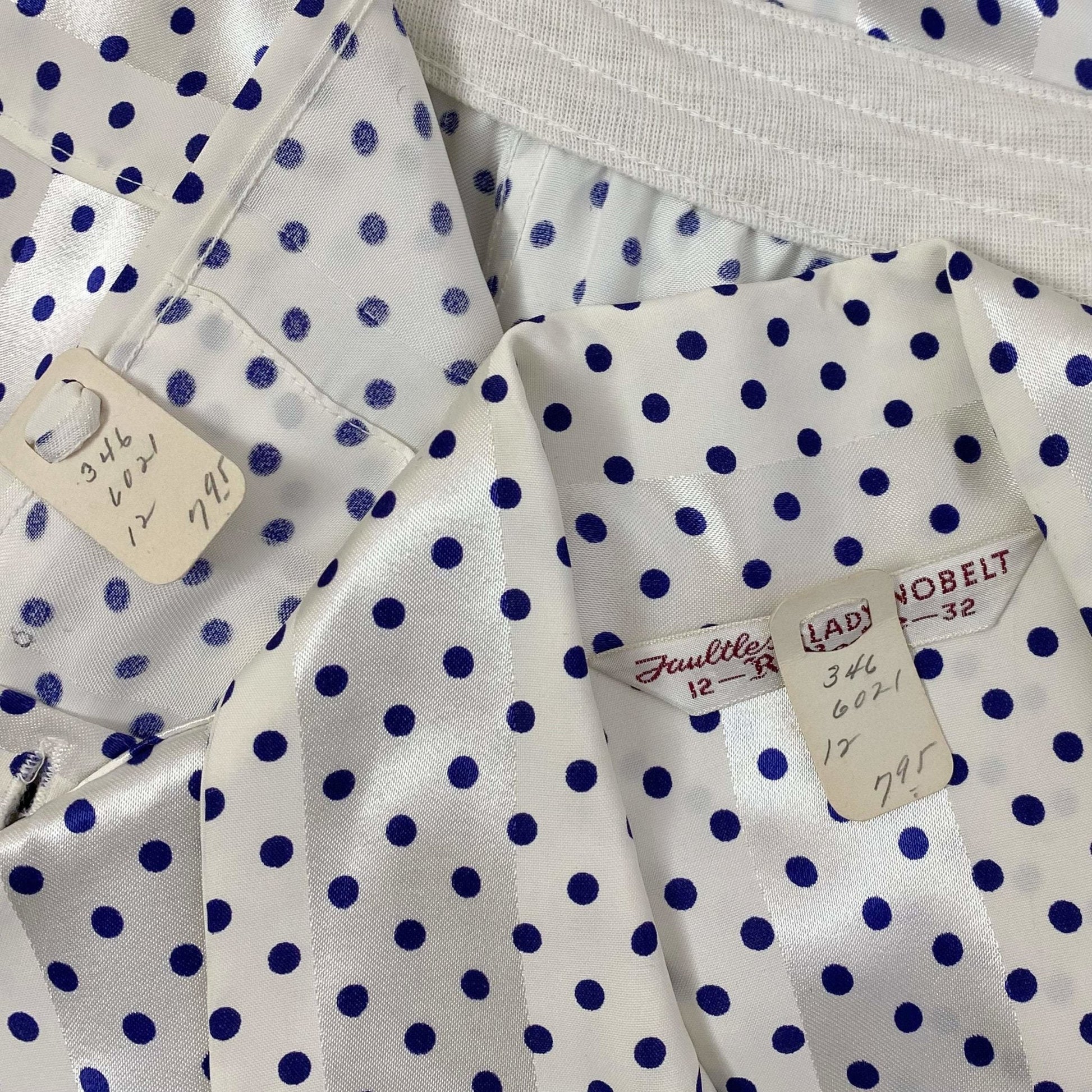Vintage 1950's Pajama Set | Pearly White Rayon Satin Stripes with Navy Blue Polka Dots | Size XS | Faultless Lady, No Belt -New with Tags - Daggers & Dames