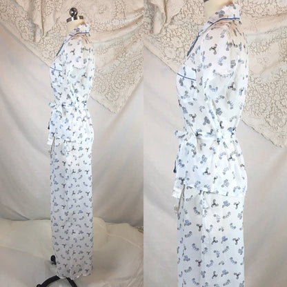 Vintage 1950's Pajama Set | Sheer White Nylon with Blue Car Print & Fringe Sash Tie | Carole | Size SM, MED - Daggers & Dames