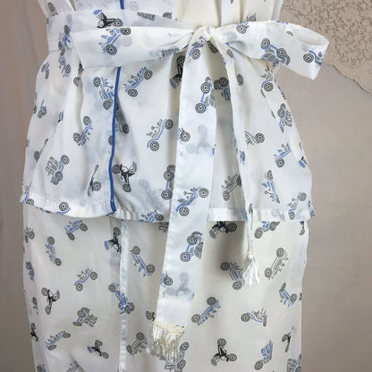 Vintage 1950's Pajama Set | Sheer White Nylon with Blue Car Print & Fringe Sash Tie | Carole | Size SM, MED - Daggers & Dames