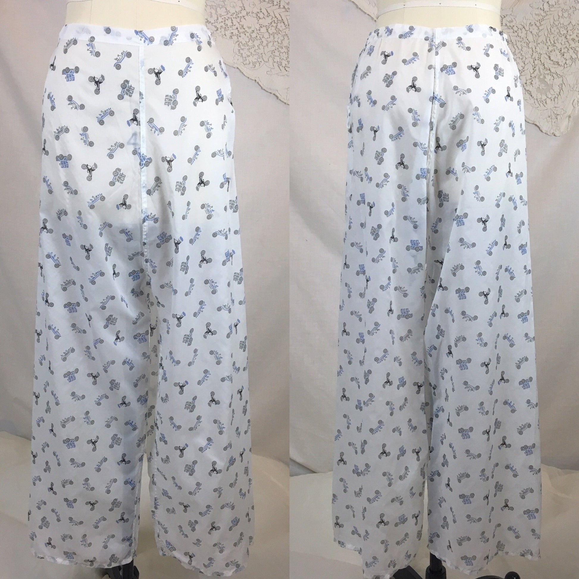 Vintage 1950's Pajama Set | Sheer White Nylon with Blue Car Print & Fringe Sash Tie | Carole | Size SM, MED - Daggers & Dames