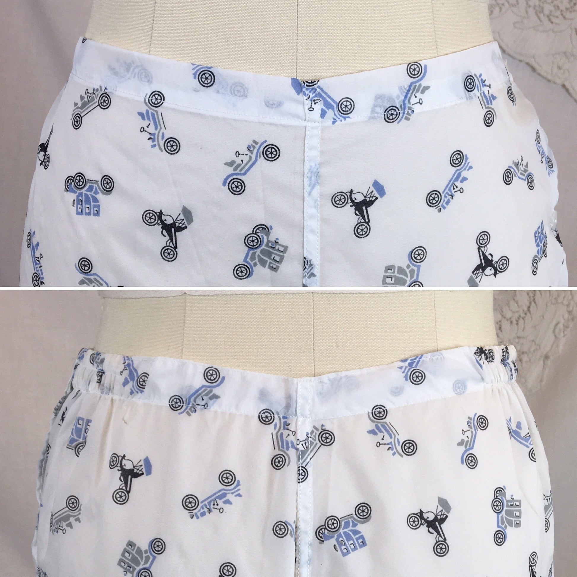 Vintage 1950's Pajama Set | Sheer White Nylon with Blue Car Print & Fringe Sash Tie | Carole | Size SM, MED - Daggers & Dames