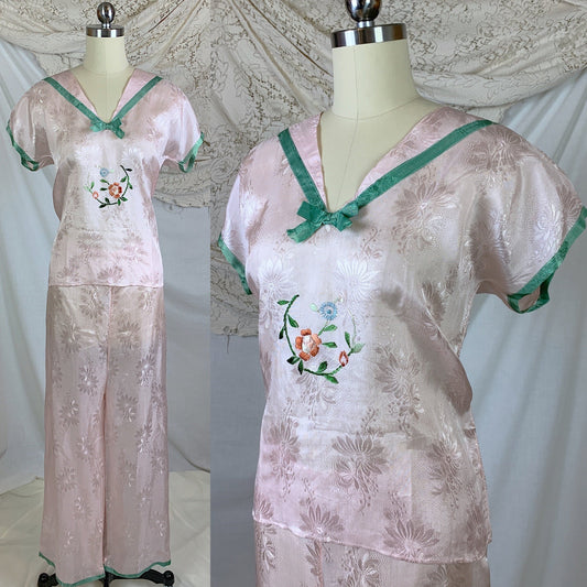 Vintage 1950's Pajama Set | Size XS, SM | Powder Pink Rayon Satin Brocade with Hand Embroidery & Green Trim | Made in Japan - Never Worn - Daggers & Dames