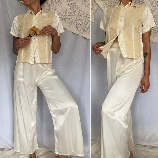 Vintage 1950's Pajama Set | Warm Ivory Rayon Satin with Nude Lace & Shell Buttons | Size S | Mary Jane -Never Worn - Daggers & Dames