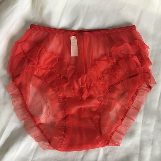 Vintage 1950's Panties | Sheer Bright Red Nylon with Ruffles & Mushroom Gusset | Milsan | Size S, M - Daggers & Dames
