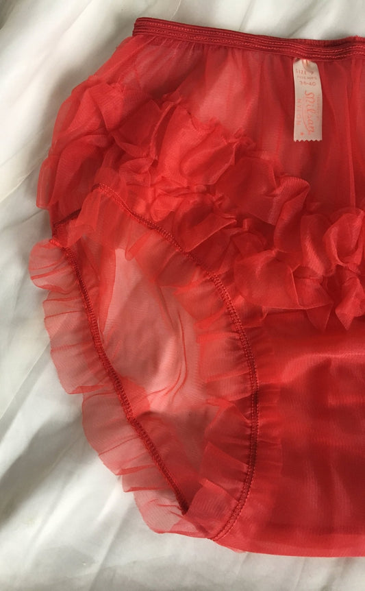 Vintage 1950's Panties | Sheer Bright Red Nylon with Ruffles & Mushroom Gusset | Milsan | Size S, M - Daggers & Dames