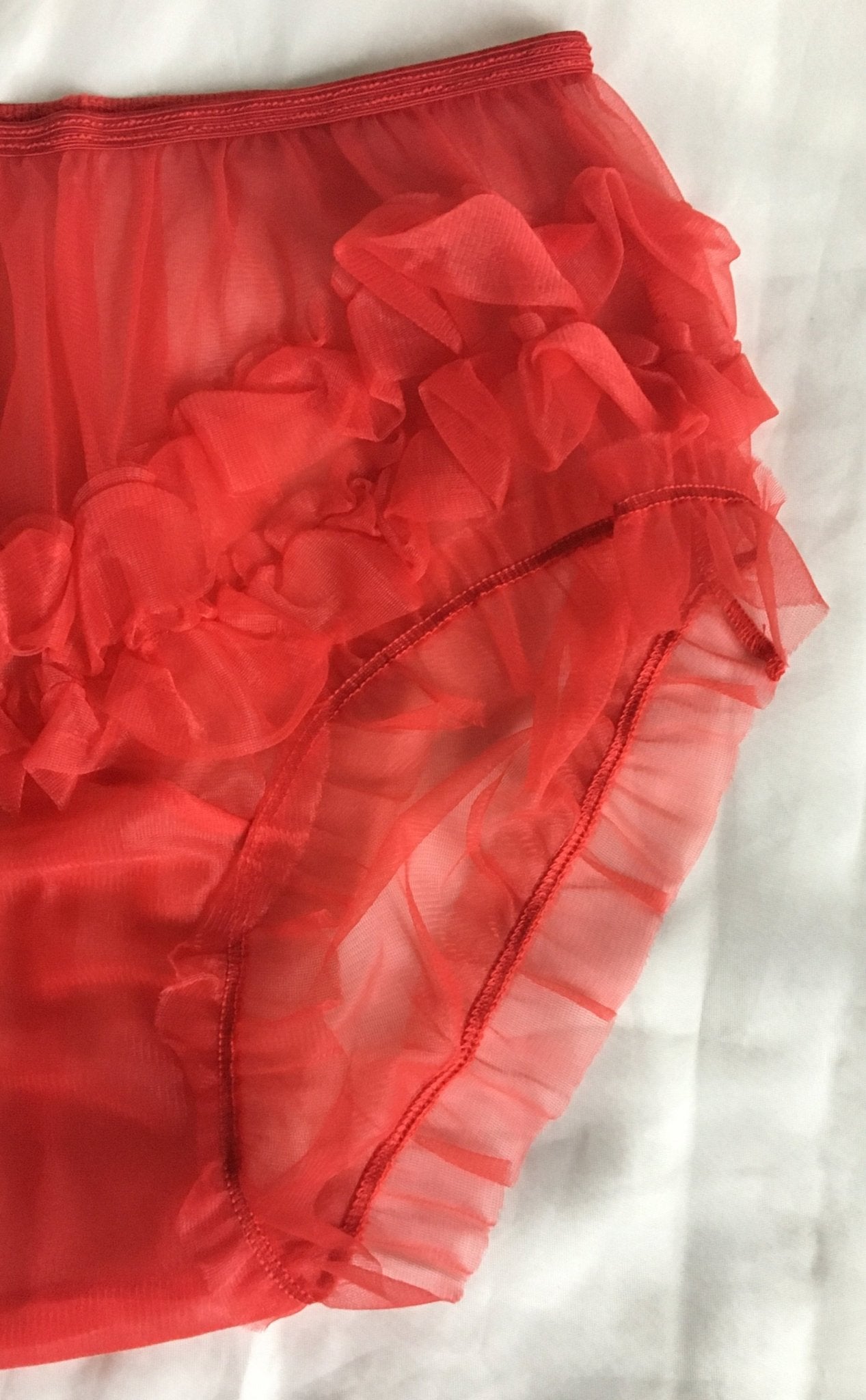 Vintage 1950's Panties | Sheer Bright Red Nylon with Ruffles & Mushroom Gusset | Milsan | Size S, M - Daggers & Dames