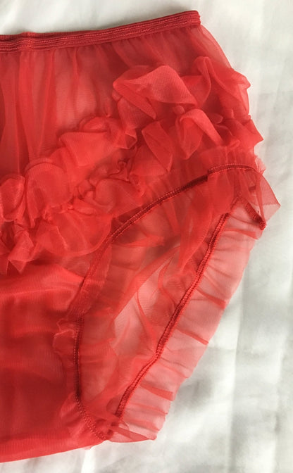 Vintage 1950's Panties | Sheer Bright Red Nylon with Ruffles & Mushroom Gusset | Milsan | Size S, M - Daggers & Dames