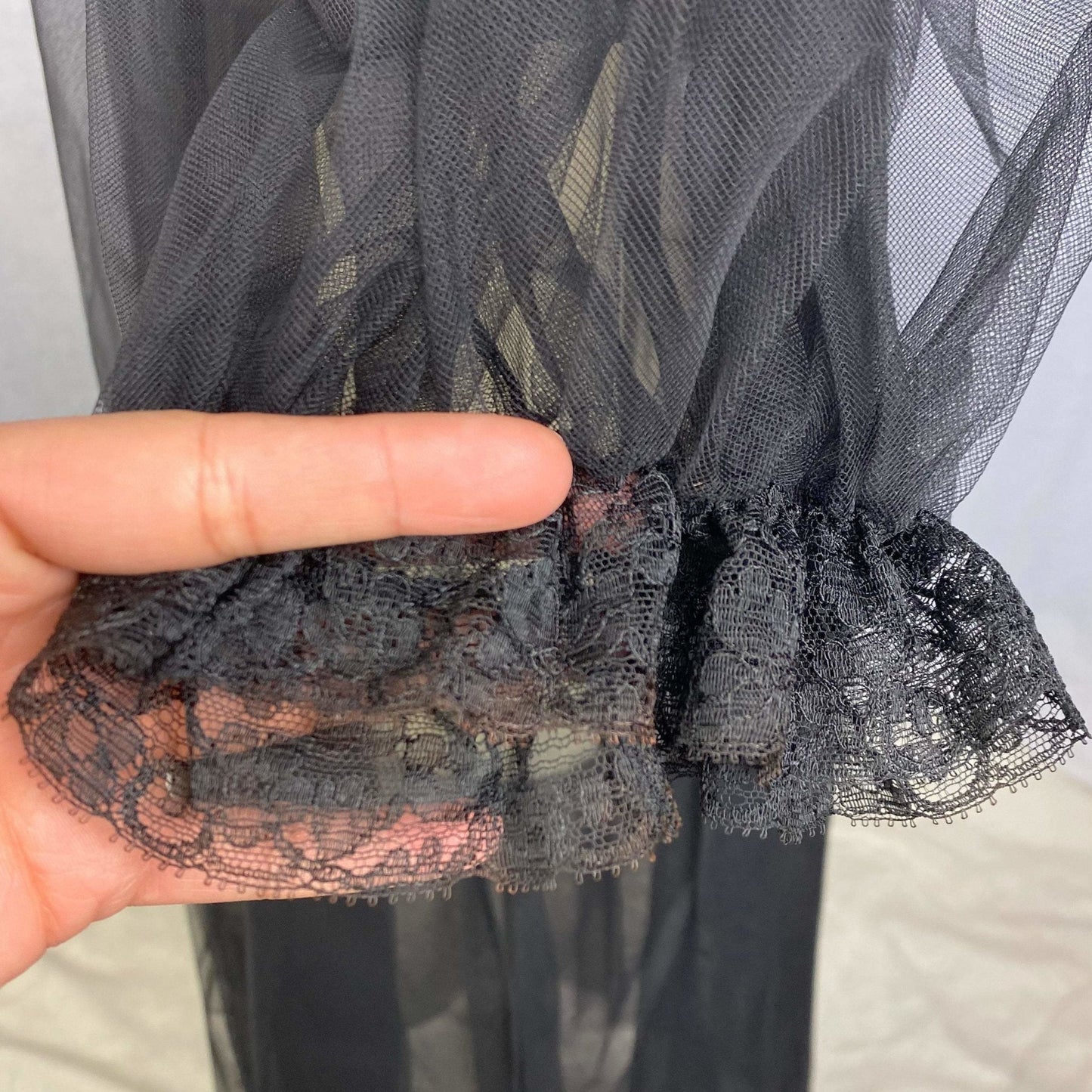 Vintage 1950's Peignoir | Black Tulle with Chantilly Lace & Puffed Sleeves | Size Free | Eye-Ful by Flaums - Daggers & Dames